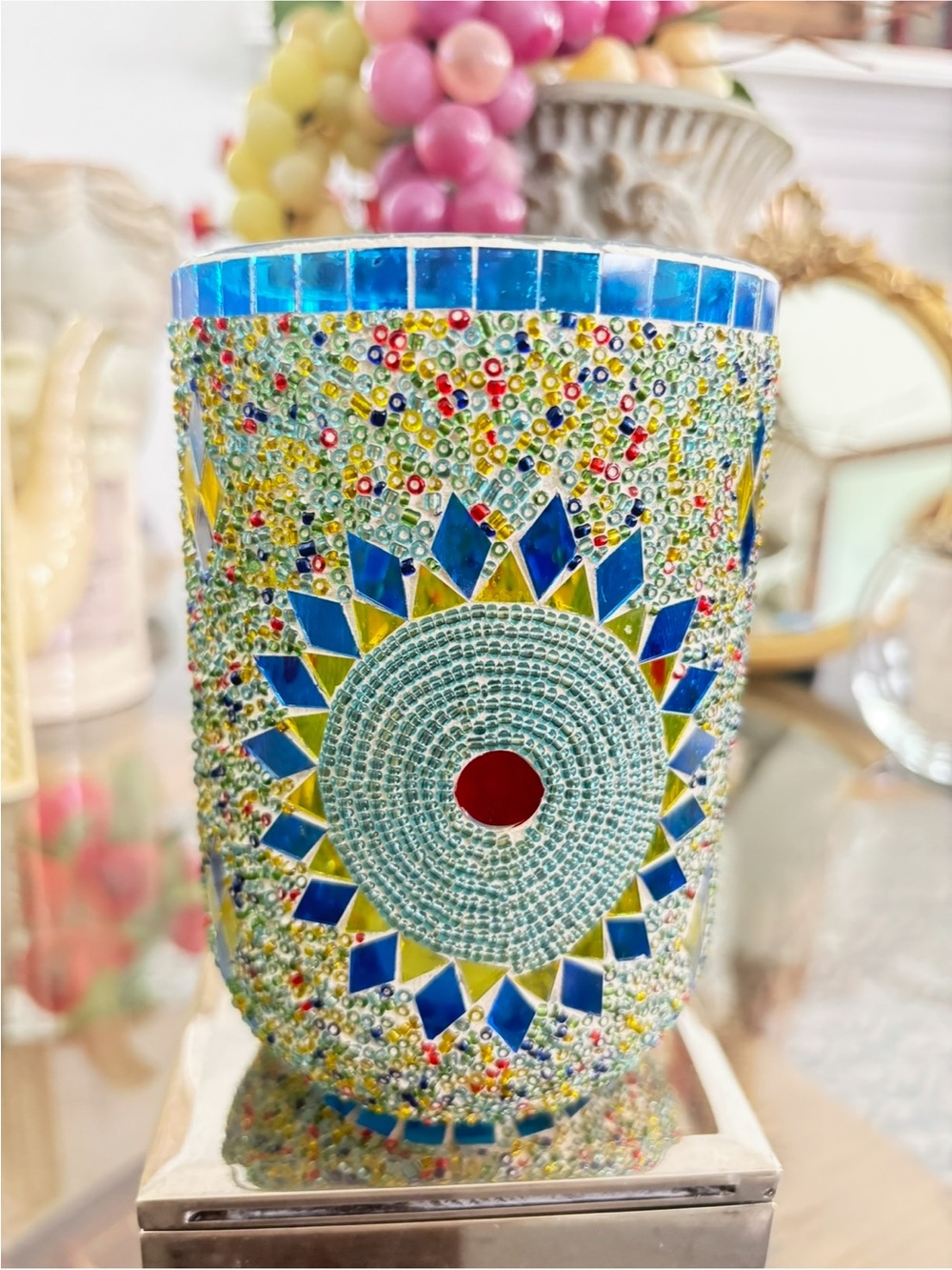 Handcrafted Mosaic Beaded Candle Holder - Blue & Multicolor